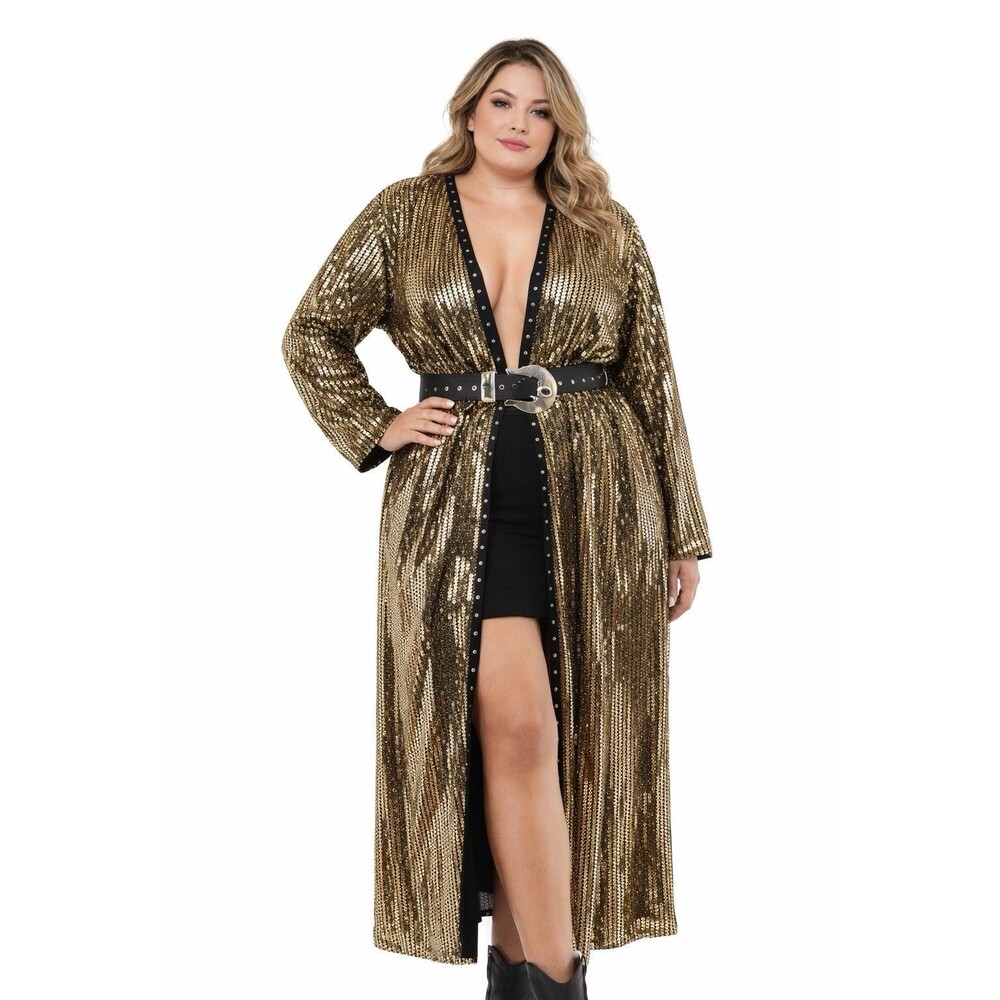 SETA Gold Sequin Long Duster Jacket Tunic Open 2XL Plus Size Rock Evening Glam